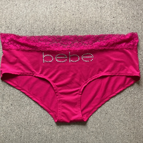 Vintage Y2K Bebe Pink crushed Velvet Signature Band Hi Cut Bikini Panties L New - Picture 6 of 6
